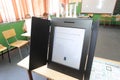 Machine for voting with sign Ã¢â¬ÅBulgarian elections for parliament, 2021Ã¢â¬Â and instructions for using the voting machine Royalty Free Stock Photo